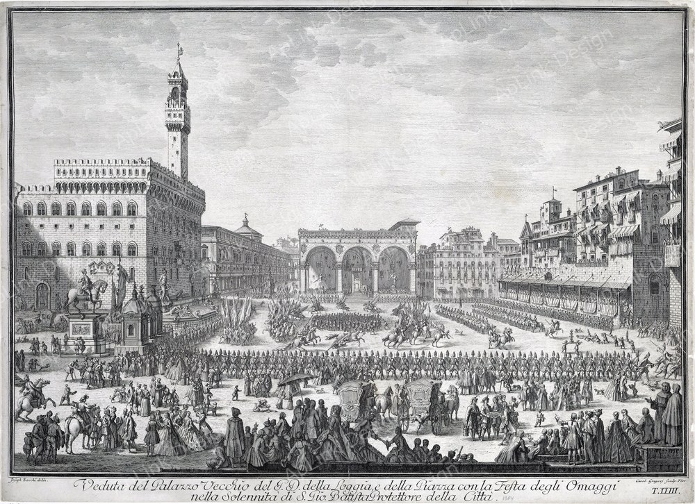 Festiviteiten op het Piazza della Signoria te Florence Veduta del Palazzo Vecchio del G.D. della Loggia, e della Piazza con la Festa degli Omaggi nella Solennita di S. Gio. Batista Prottetore della Città (titel op objec, RP-P-1950-349.jpg — フィレンツェの古写真